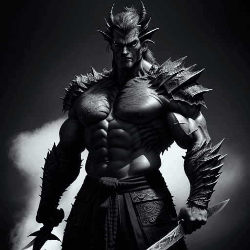 AI generated: A muscular dragon warrior stands tall, holding a massive sword with a serrated blade, in darkness an...