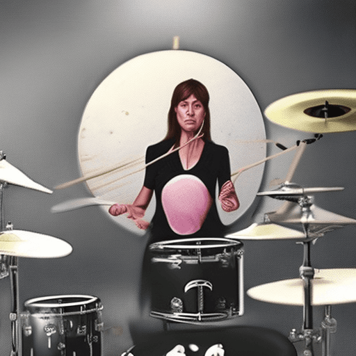AI generated: Hyper realistic eye level 
Woman playing drums