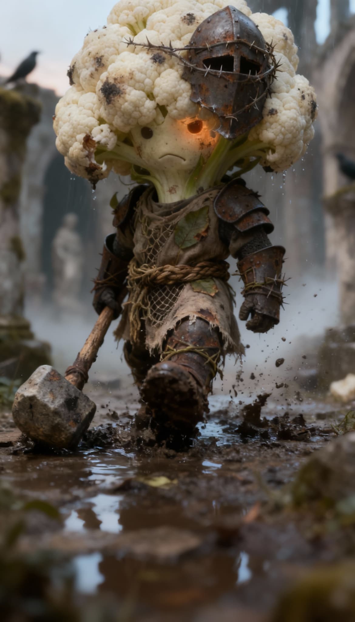 AI generated: Close-up cinematic shot of the cauliflower warrior’s muddy boots walking through puddles, the heavy ...