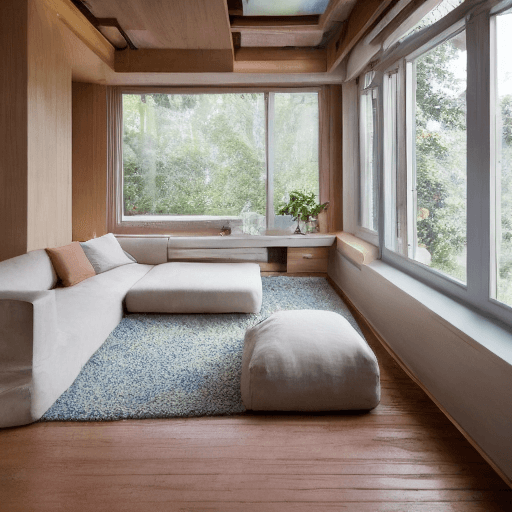 AI generated: High resolution photography interior design, dreamy sunken living room conversation pit, wooden floo...