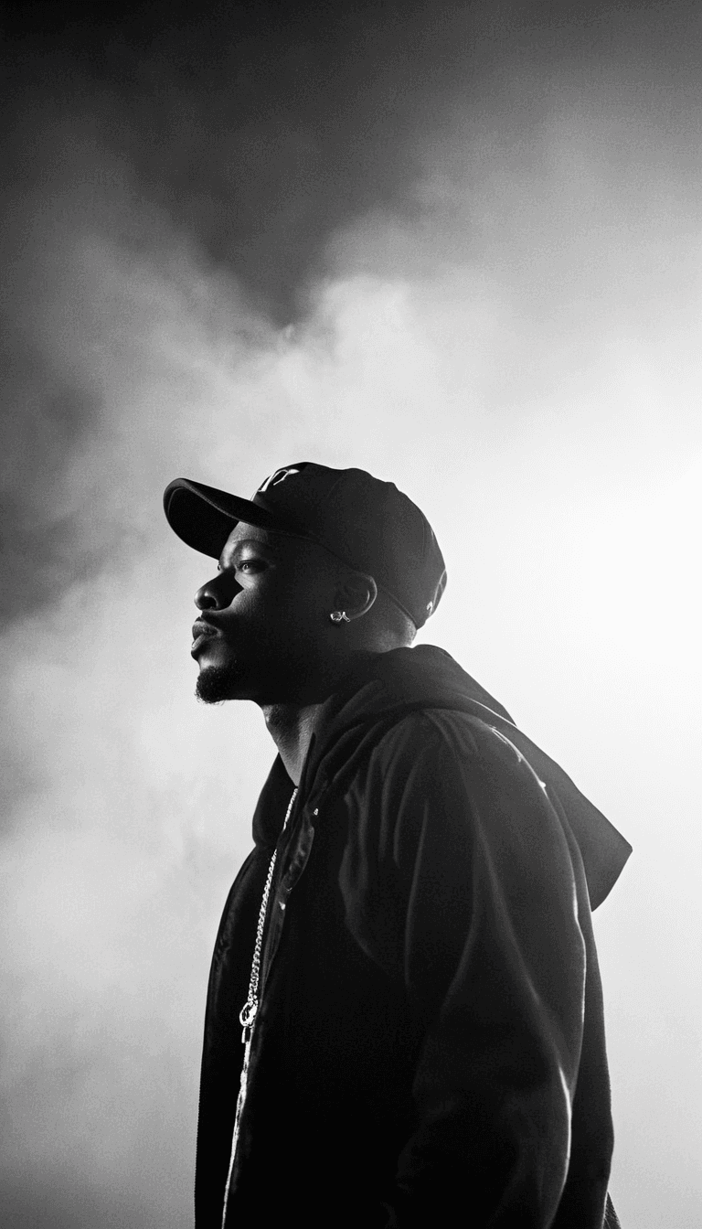AI generated: black and white photography of rapper in baseball cap emerging from fog on stage during concert, sid...