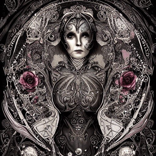 AI generated: girl in a cosmic dress, full-body tattoos, ornate, rococo, grotesque, zbrush art, majestic, organics...