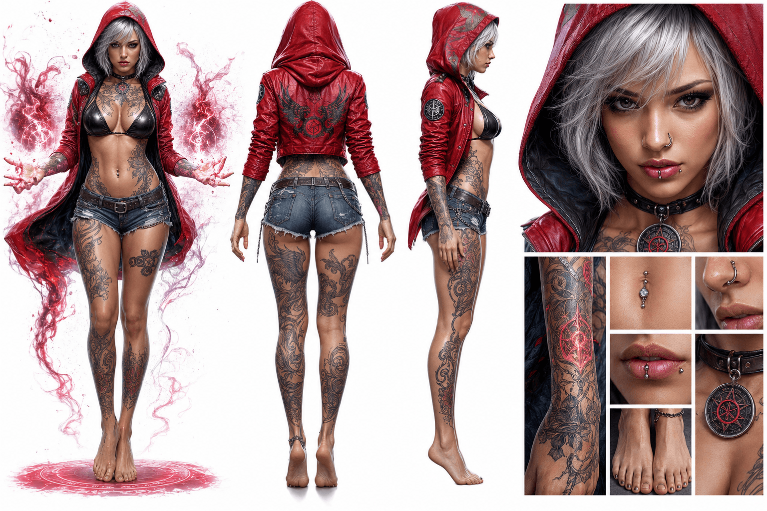 AI generated: A girl with short, shiny silver hair peeking out from under a stylish red hooded jacket, a black lea...