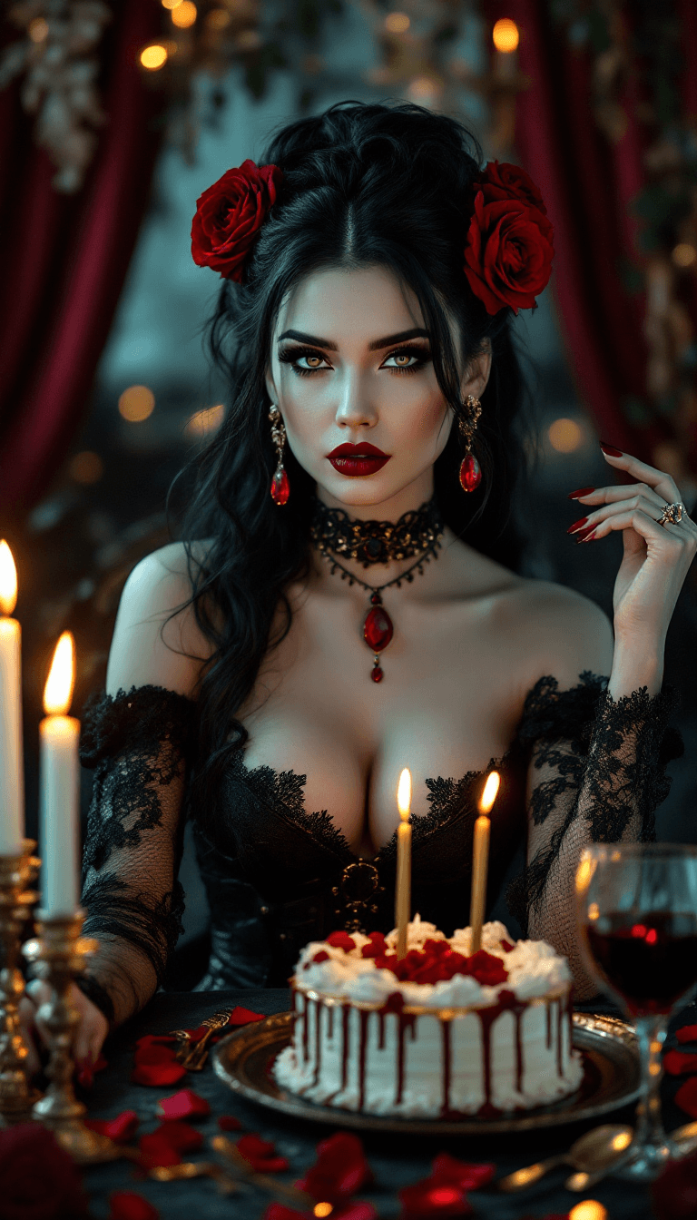 AI generated: Gothic birthday celebration, a stunning gothic woman with pale flawless skin, deep smoky eyes, bold ...