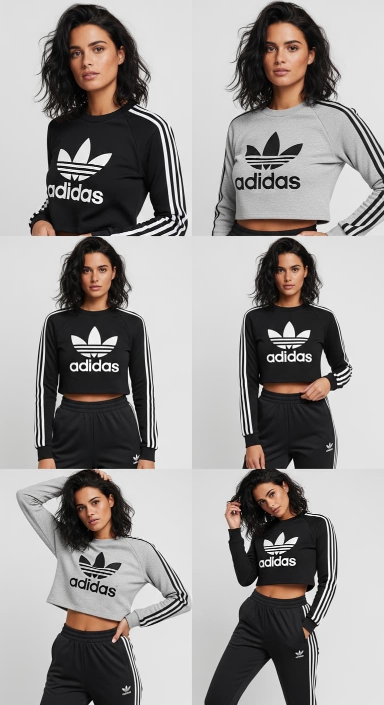 AI generated: a short hair woman modeling Adidas outfits, multi take, multi pose. Candid