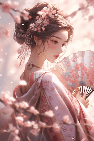 AI generated: A graceful, brown-haired geisha in pink traditional Japanese kimono, gold accessories, elegant stanc...