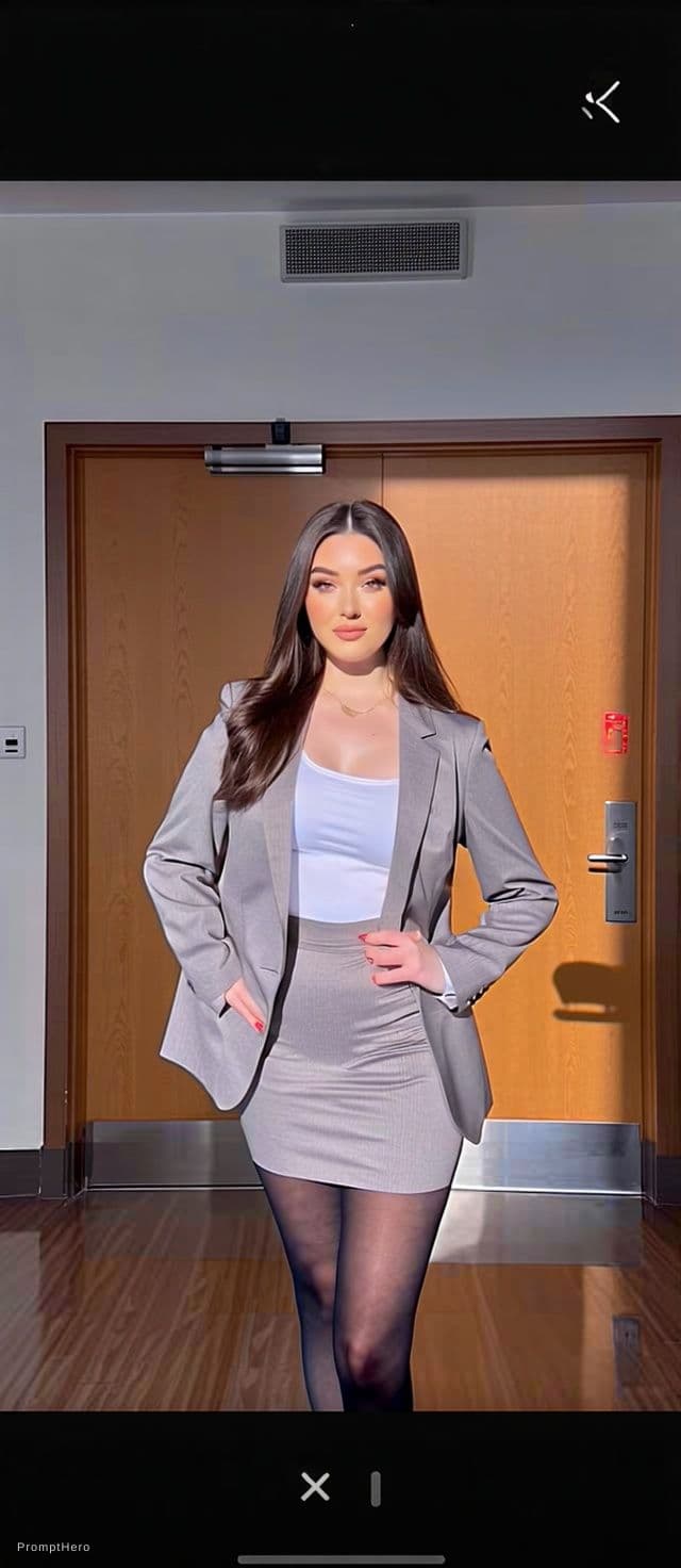 AI generated: female dressed as businesswoman, business suit, lingerie, sexy, a short dress, long hair, black pant...