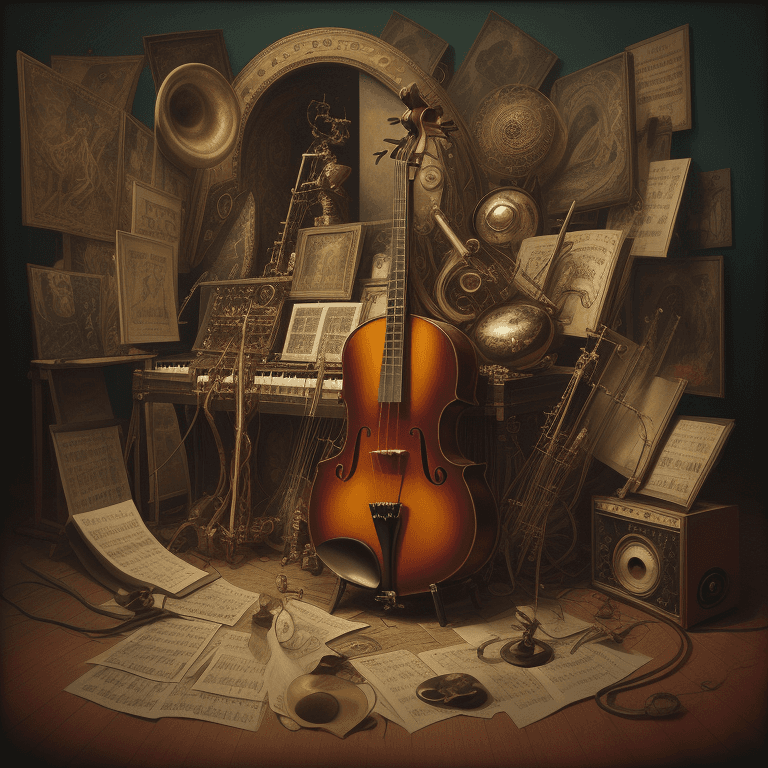 AI generated: music Album cover picture, surreal art, oil picture, music instruments, 