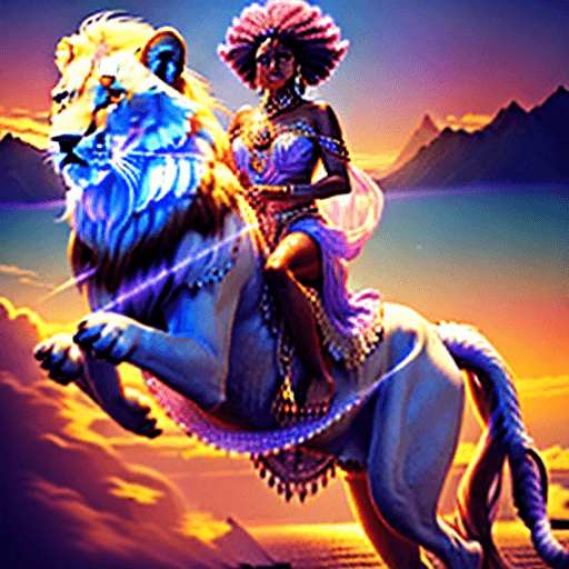 AI generated: Photo of an ultra realistic, brown-skinned goddess with a gorgeous face riding a flying white lion, ...