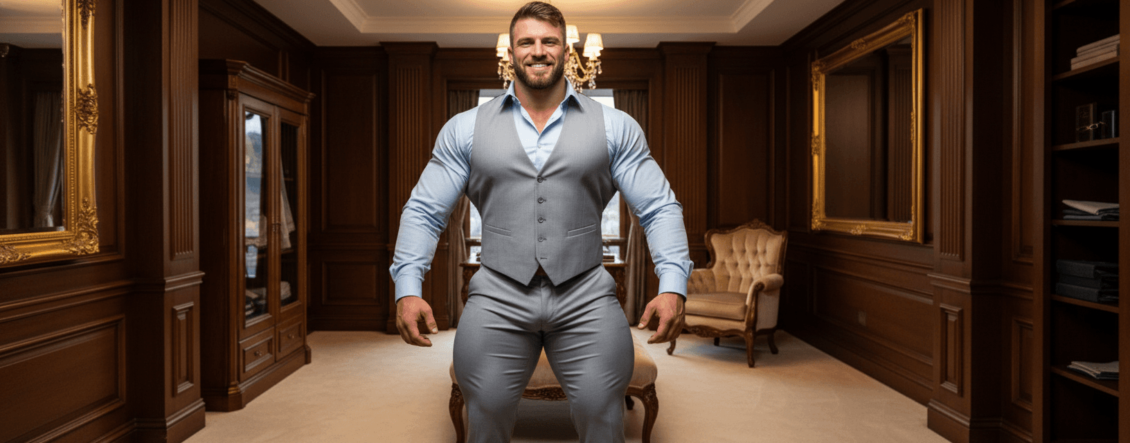 AI generated: The bodybuilder is 6'4" tall, he has huge muscular shoulders and super extra huge muscular legs. He ...