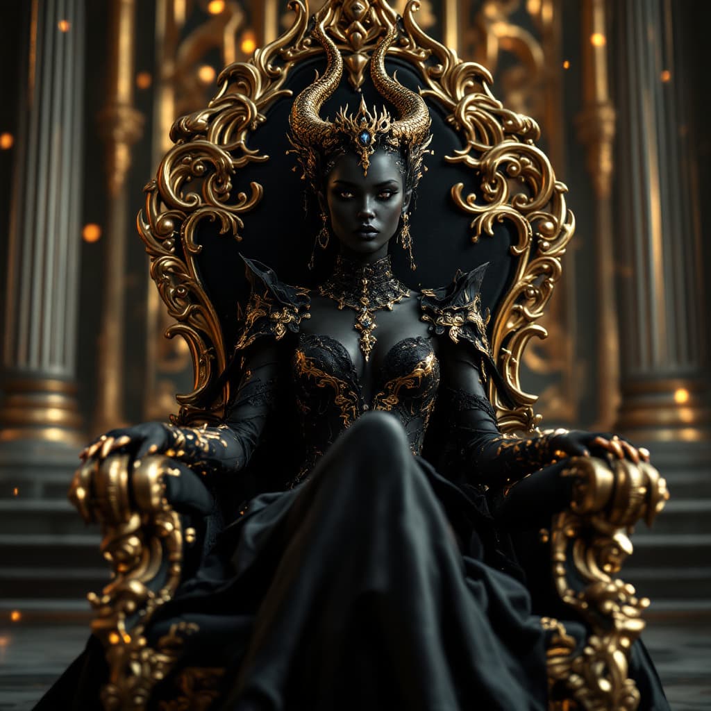 AI generated: A very beautiful BLACK queen sitting on a black throne made of gold, with a serpent-dragon like elem...