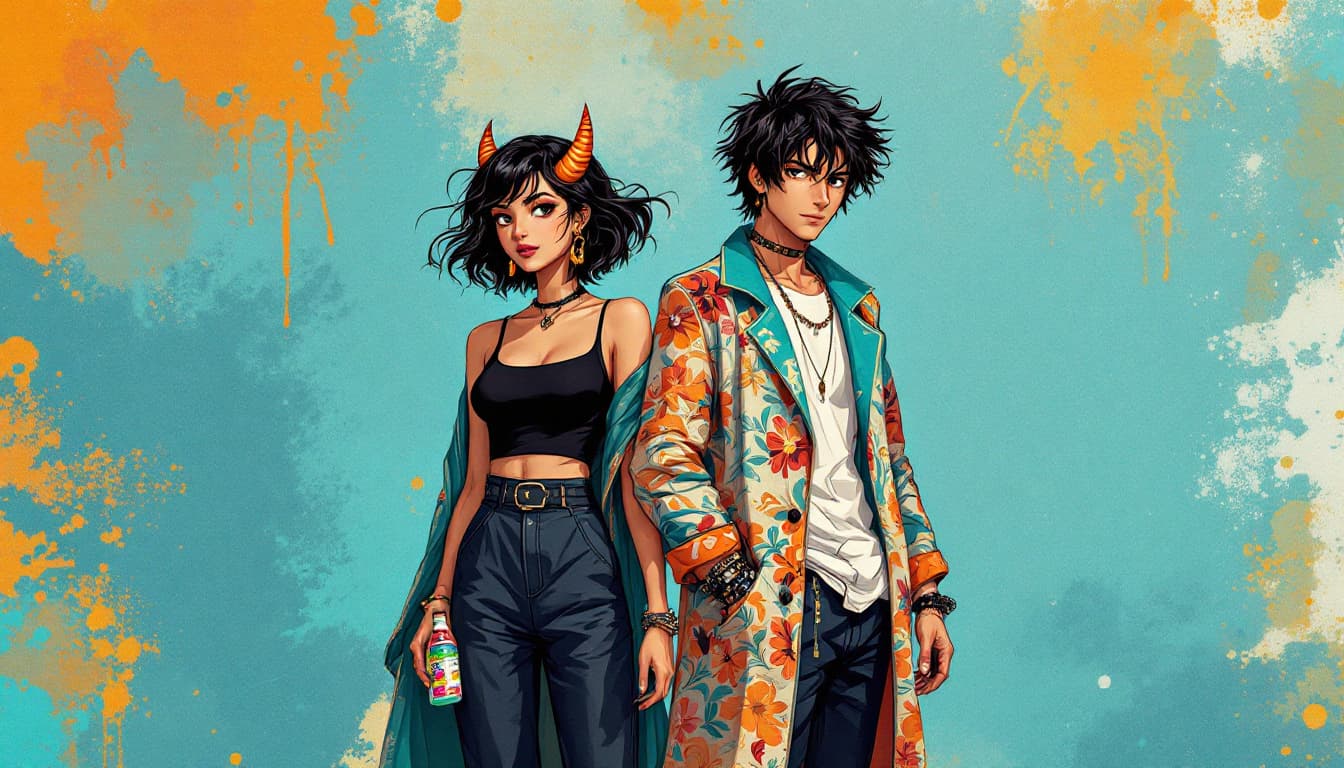 AI generated: Image is a digital illustration featuring two stylized characters with a vibrant and artistic design...