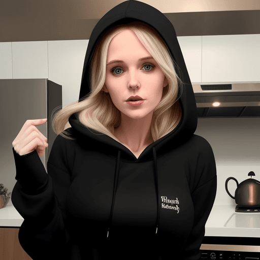 AI generated: Sexiest 25 years old white woman wearing a black hoodie. She's un thé kitchen.