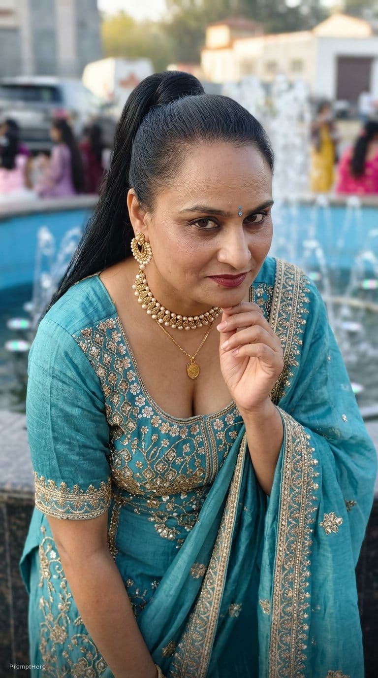 AI generated: Standing teasing, ponytail hairstyle, wearing same décolleté saree dress, looking seductive, front v...