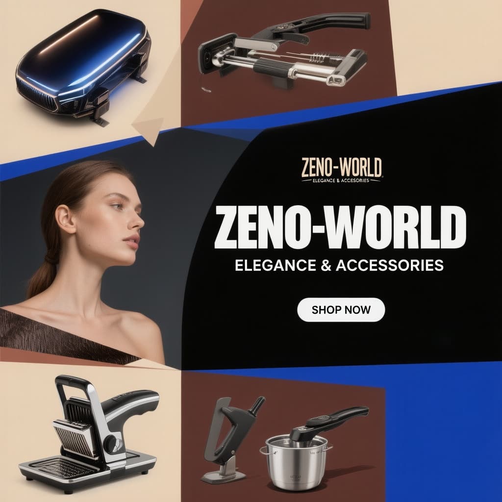 AI generated: A modern 1920x600 e-commerce collage banner for 'ZENO-WORLD'. The design is split into bold geometri...
