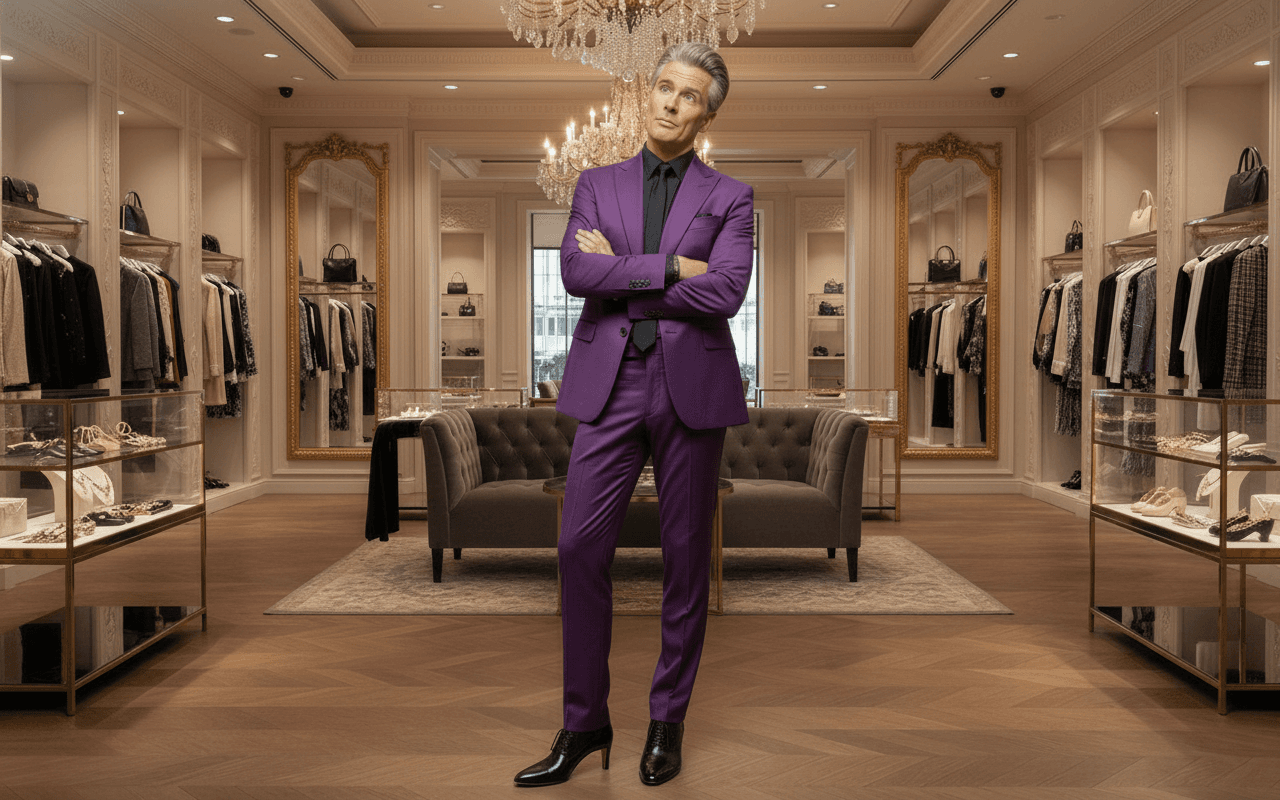 AI generated: At a very luxurious clothing store. 

The model has his arms crossed, standing. He has a curious e...