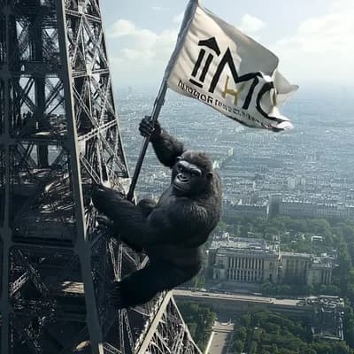AI generated video: King Kong is confidently and determinedly climbing the Eiffel Tower. He holds a flag in his hand as ...