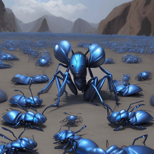 AI generated: blue ant army with silver armor invasion the planet