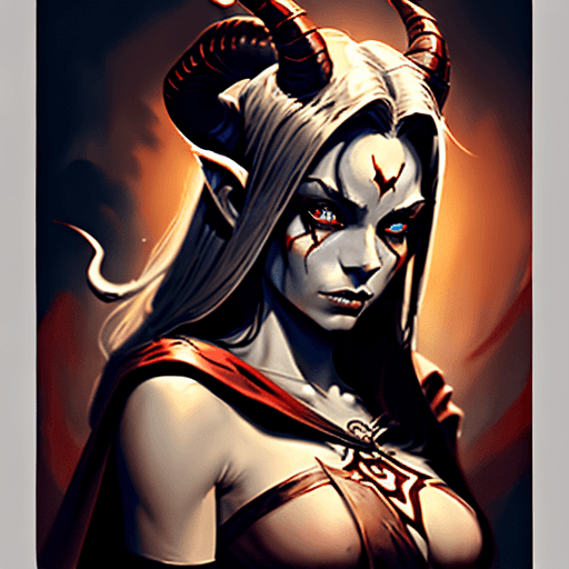 AI generated: painting of a woman with horns and a red cape, tiefling, portrait of demon girl, tiefling female war...