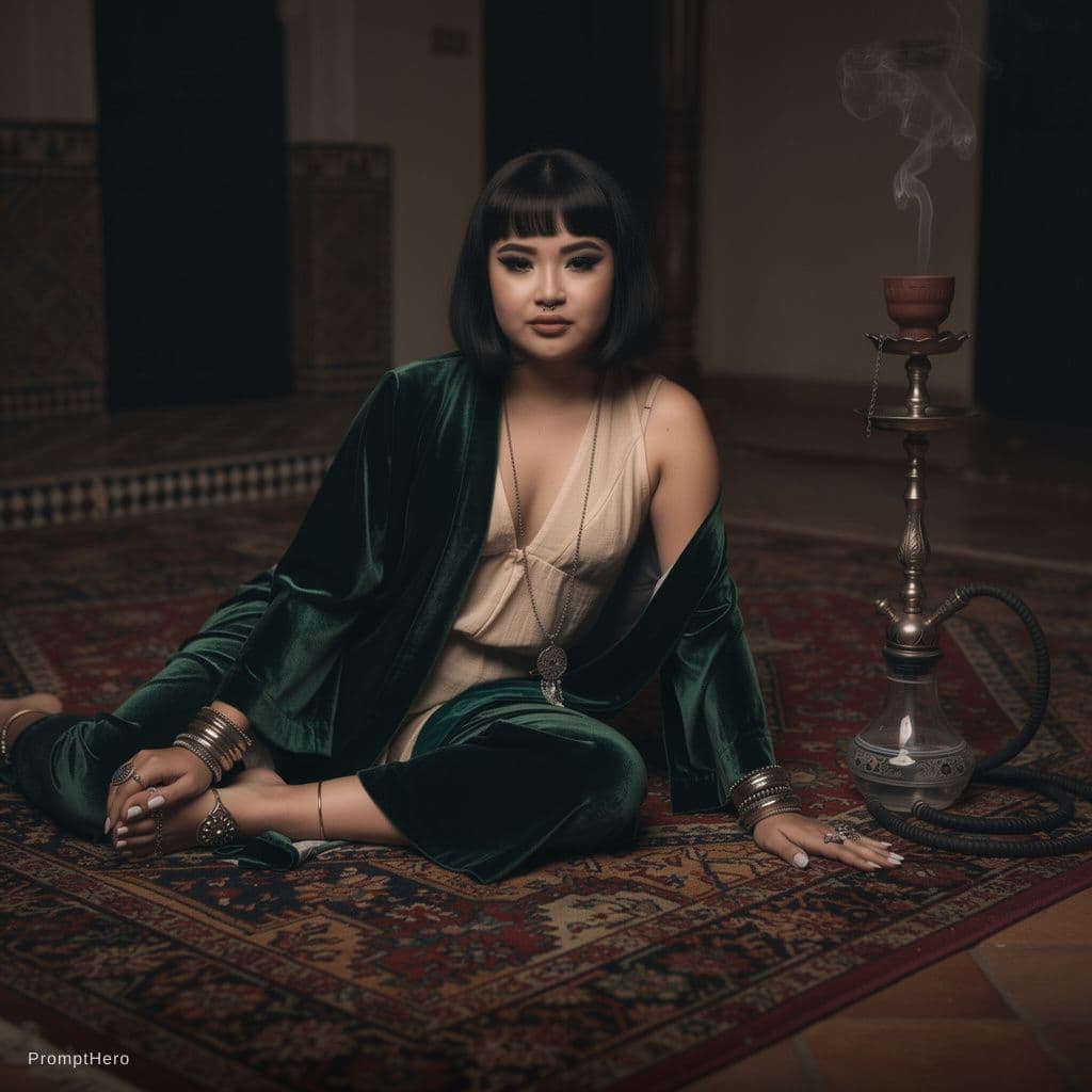 AI generated: A curvy, pale-skinned woman with an ink-black, chin-length bob and smoldering smoky eyes lounges sed...