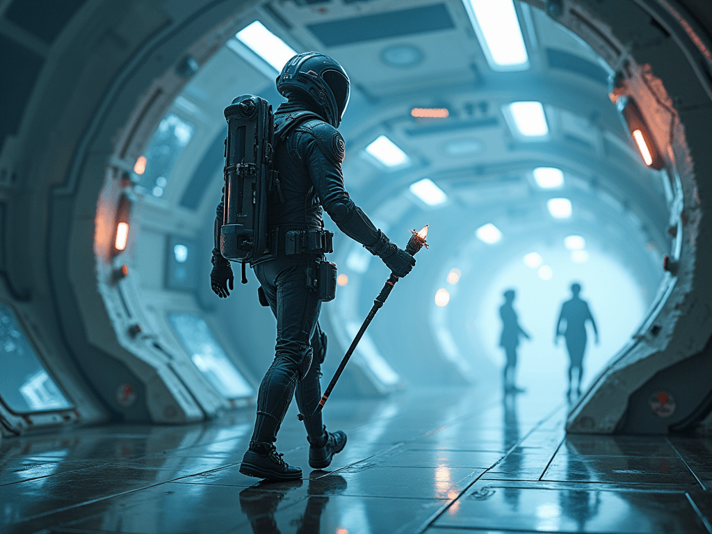 AI generated: A futuristic galactic ranger wearing an energy-shielded suit, equipped with a photon staff. They are...
