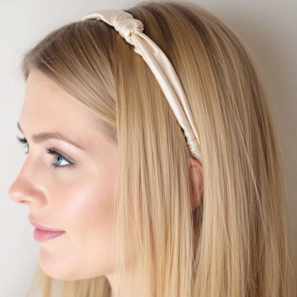 AI generated: light beige silk hair band on a woman with straight blonde hair and blue eyes.