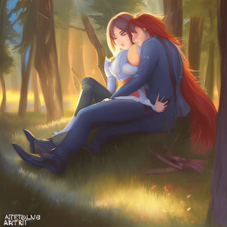 AI generated: a fat boy and a girl sitting together and hugging in a forest. girl has long flowing red hair. boy h...