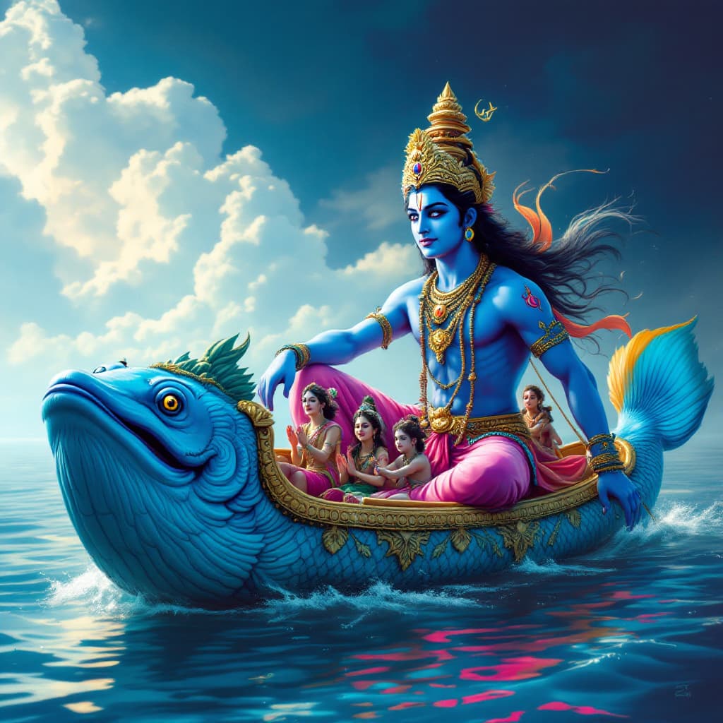 AI generated: hindu mythology character matya avtar  mean vishnu in fish avtar pulling a boat with people in boat ...