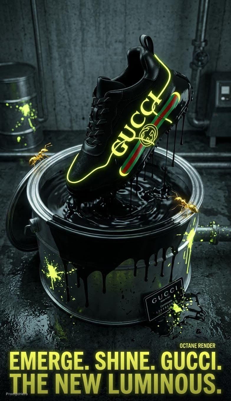 AI generated: amazing ad for gucci black  sneaker with bright phosphorescent yellow accents, the sneaker comes out...