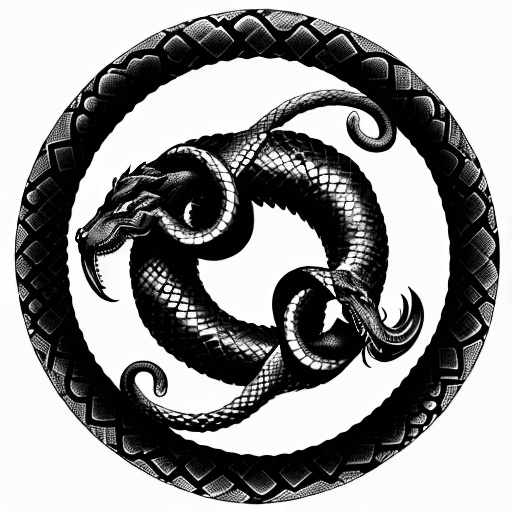 AI generated: black and white engraving of an ouroboros, uroboro, self-eating snake, circle, vintage, ink, white b...