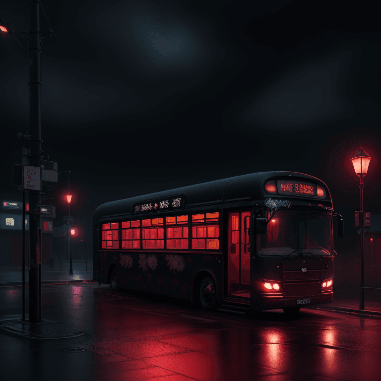 AI generated: the  dark bus is waiting at a bus stop at night, in the style of photorealistic fantasies, depiction...