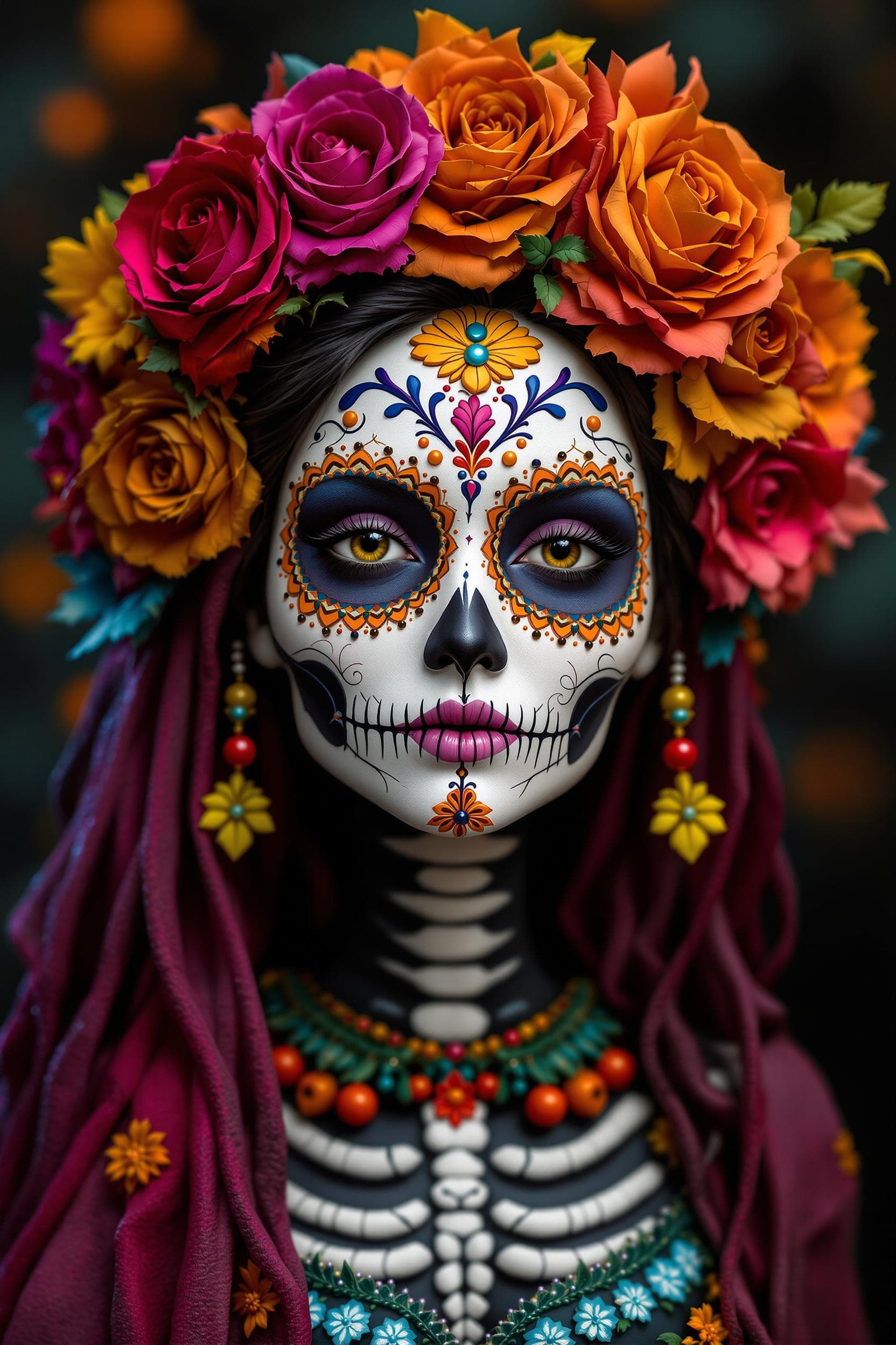 AI generated: Dias de los Muertos, sugar skull woman, Claymation