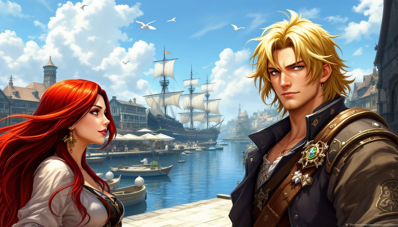 AI generated: A fantasy image of three characters in the foreground and a detailed background. Foreground characte...