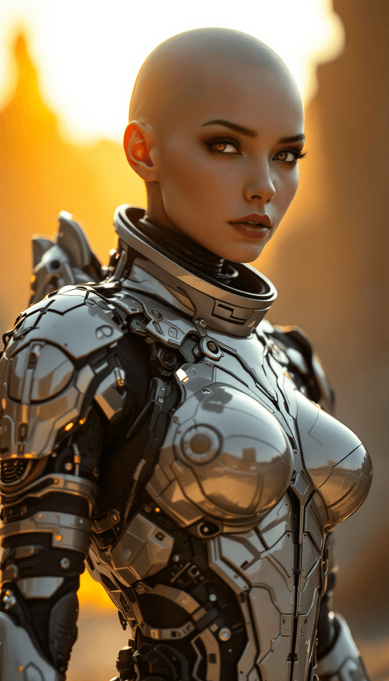 AI generated: Full-body view of a stunning, photorealistic image of a female sci-fi warrior, clad in a sleek, high...