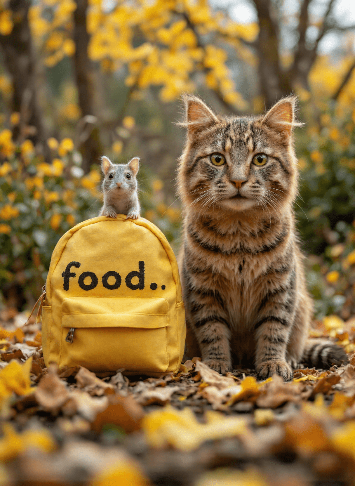 AI generated: The image depicts a whimsical scene featuring two animals. In the foreground, there is a large tabby...