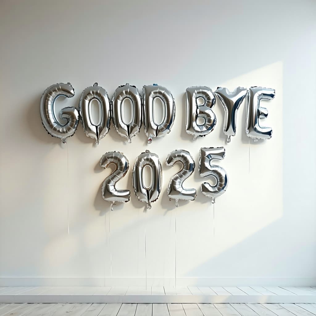 AI generated: photorealistic, balloon of lettering, "GOOD BYE 2025", used color is warm white and silver, perpect ...