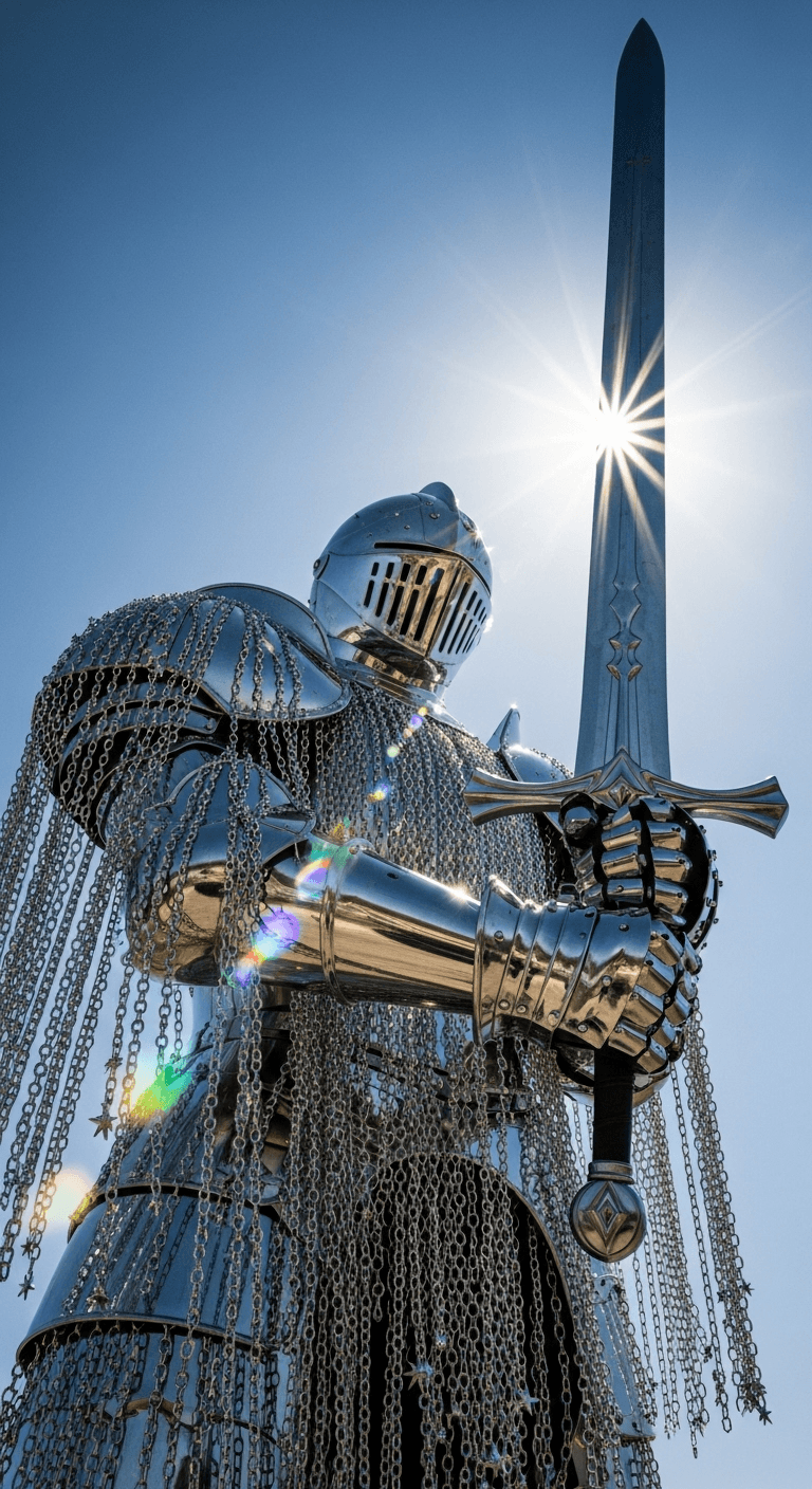AI generated: "A towering chrome knight viewed from worm’s-eye perspective glitters beneath noon skies. Thousands ...