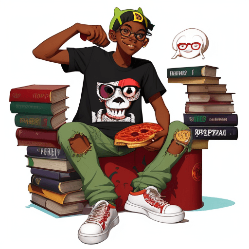 AI generated: character design, illustration style, a hip hop gargoyle, teenager, young, eating pepperoni pizza, w...