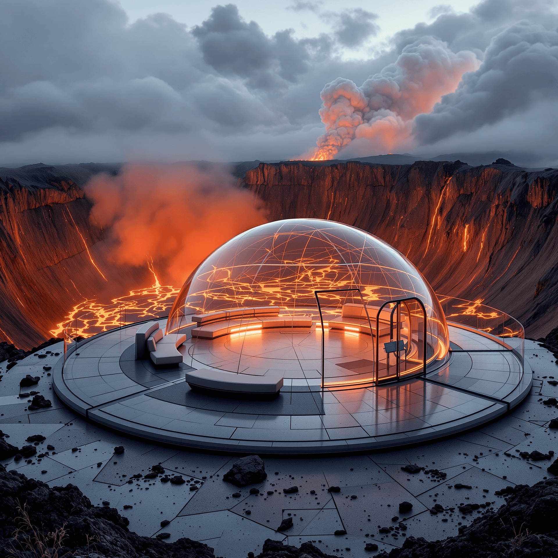 AI generated: minimalist sci-fi scene, transparent bubble-like structure perched on edge of active volcano crater,...