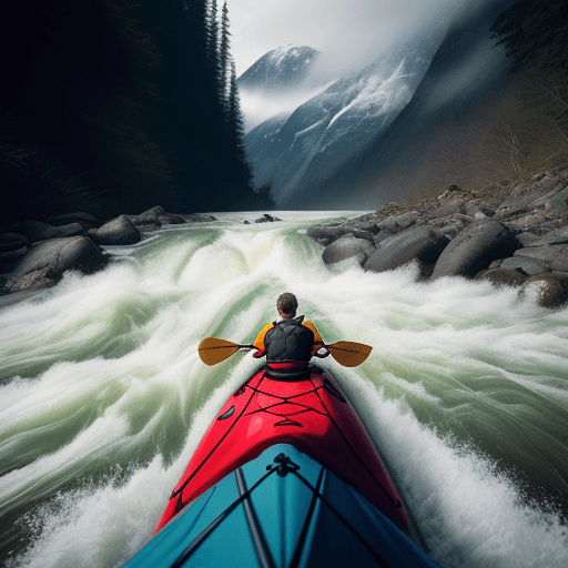 AI generated: front view, extremly realistic  photo of a man kayaking down a rushing mountain river, capturing the...