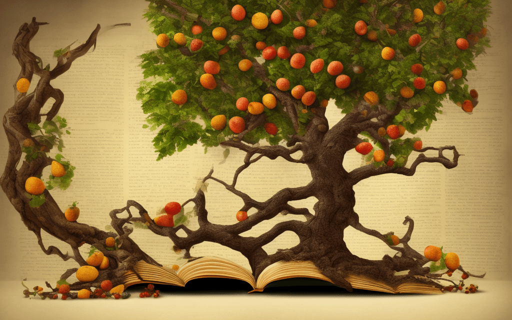 AI generated: As I turned the pages, a magnificent tree sprouted from the book, its branches laden with ripe fruit...