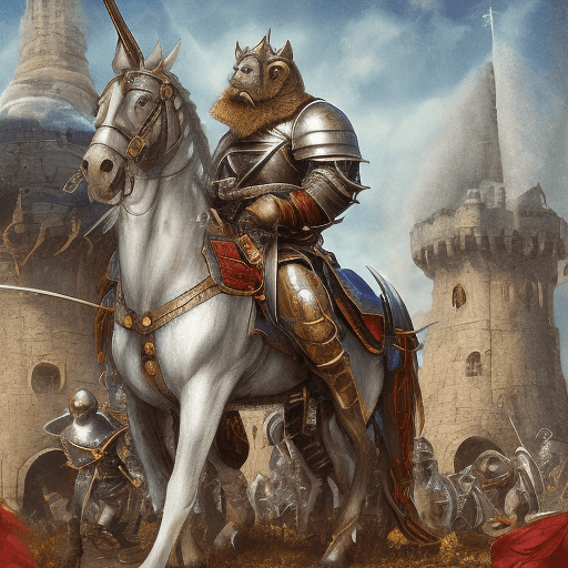 AI generated: hyperrealistic knight monkey during war in the middle age, he is sittin, in the background horses an...