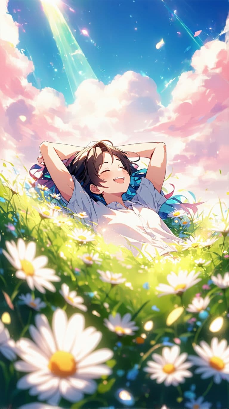AI generated: A cheerful 3D anime-style character lying in a glowing field of flowers, hands behind their head, sm...