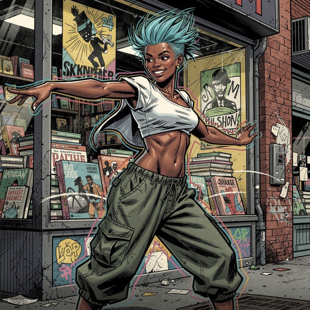AI generated: Akan-Chokwe female playful dancer 24-year-old with short spiky cerulean hair, asymmetric crop top, c...