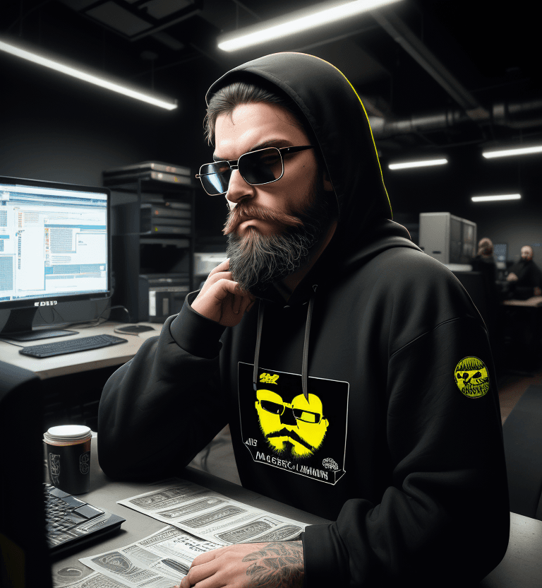 AI generated: hacker, darkroom, coder, computer, man, medium beard, cool, grunge, (typing), ultra-detailed and det...