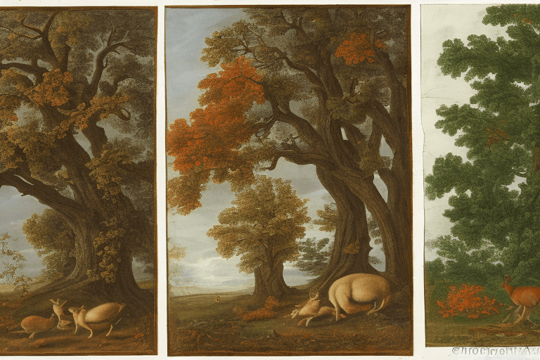 AI generated: A leafy oak on the left and a charm with autumnal colors on the right whose size would be slightly s...