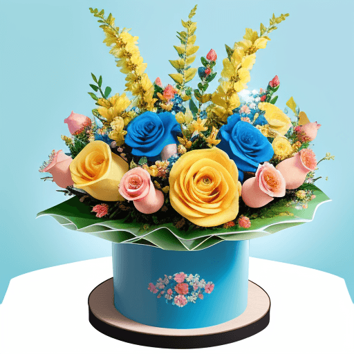 AI generated: Un arreglo floral, compuesto de flores, multicolores, con Rosas en color azul y moños dorados, varie...