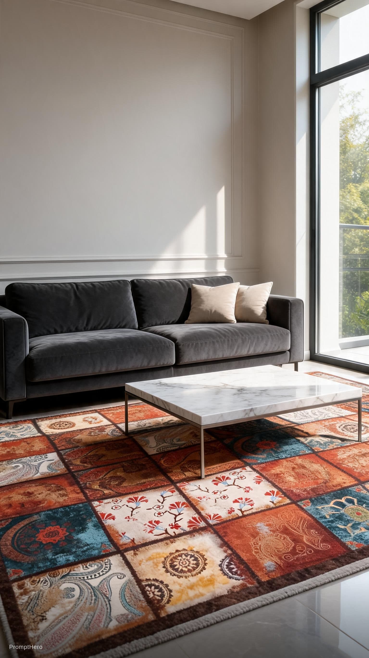 AI generated: A hyper-realistic interior design shot of a luxurious, modern living room featuring the specific rug...