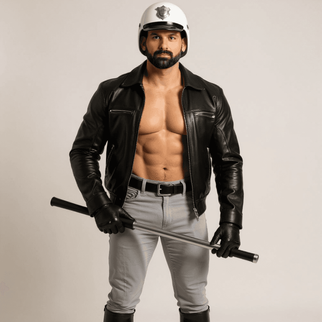 AI generated: A hyper-realistic full-body photo of a handsome, muscular man dressed as a stylized 1990s motorcycle...