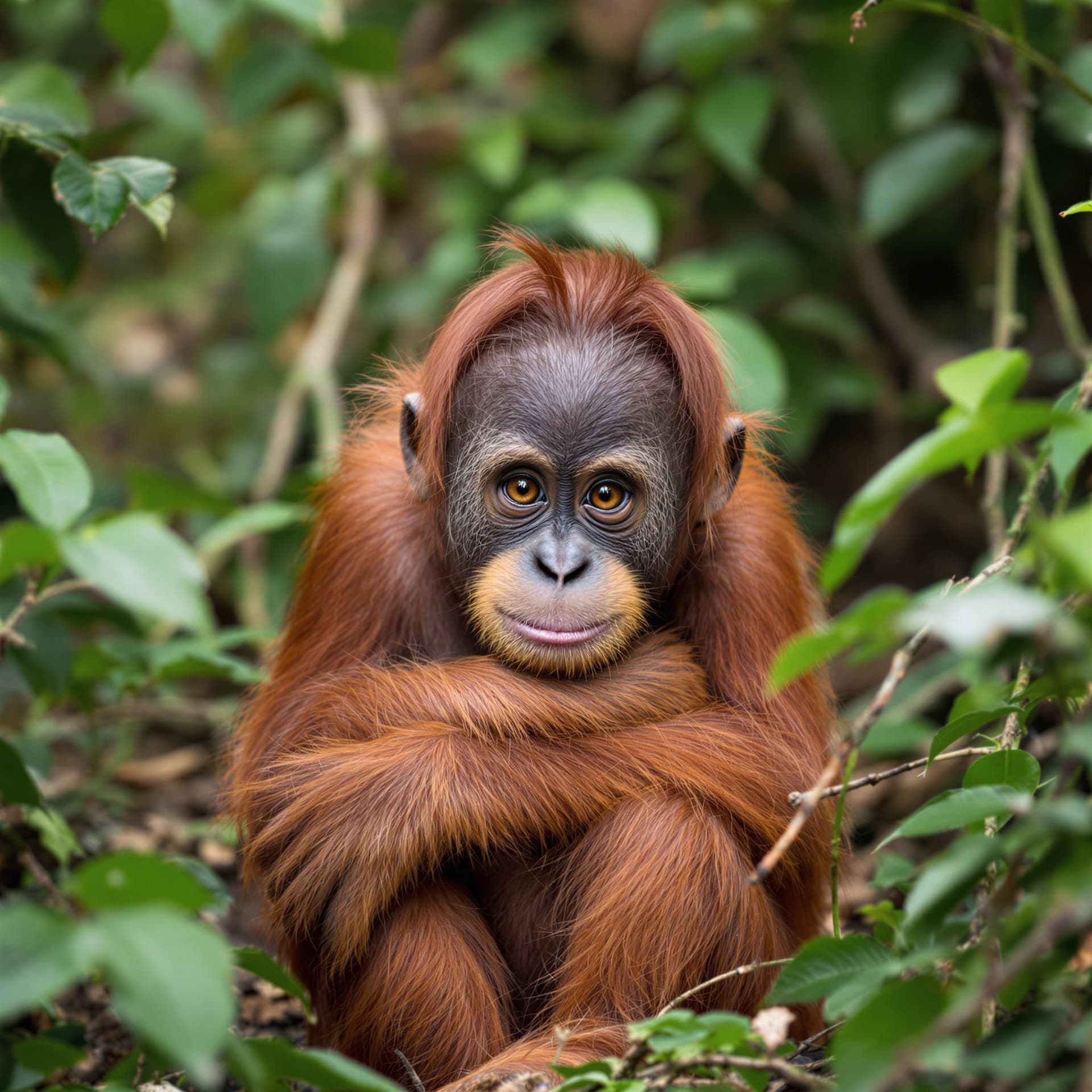 AI generated: The image depicts a young orangutan seated amidst a natural woodland setting, characterized by its d...